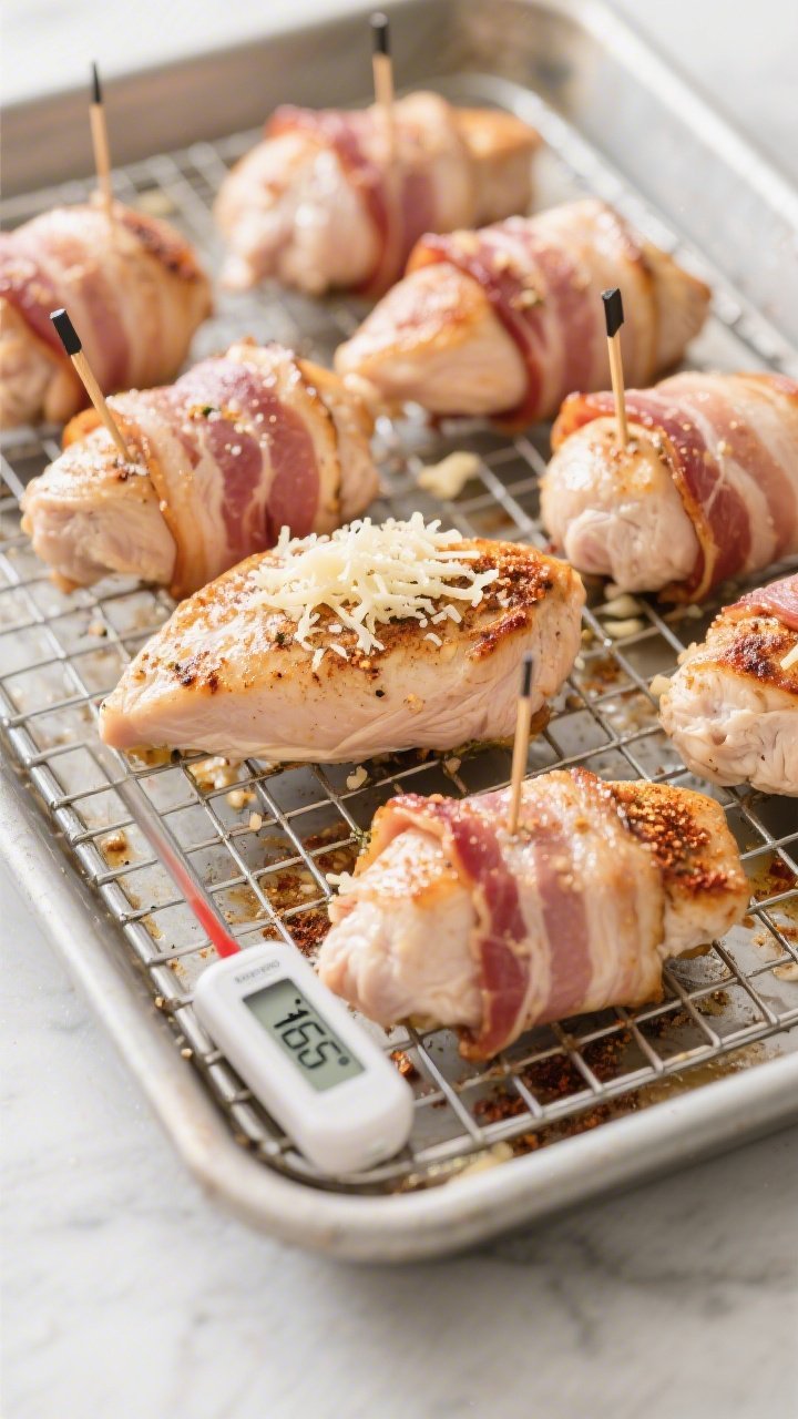 Cooking process: Overhead shot of bacon-wrapped chicken breasts arranged seam-side down on a rack be
