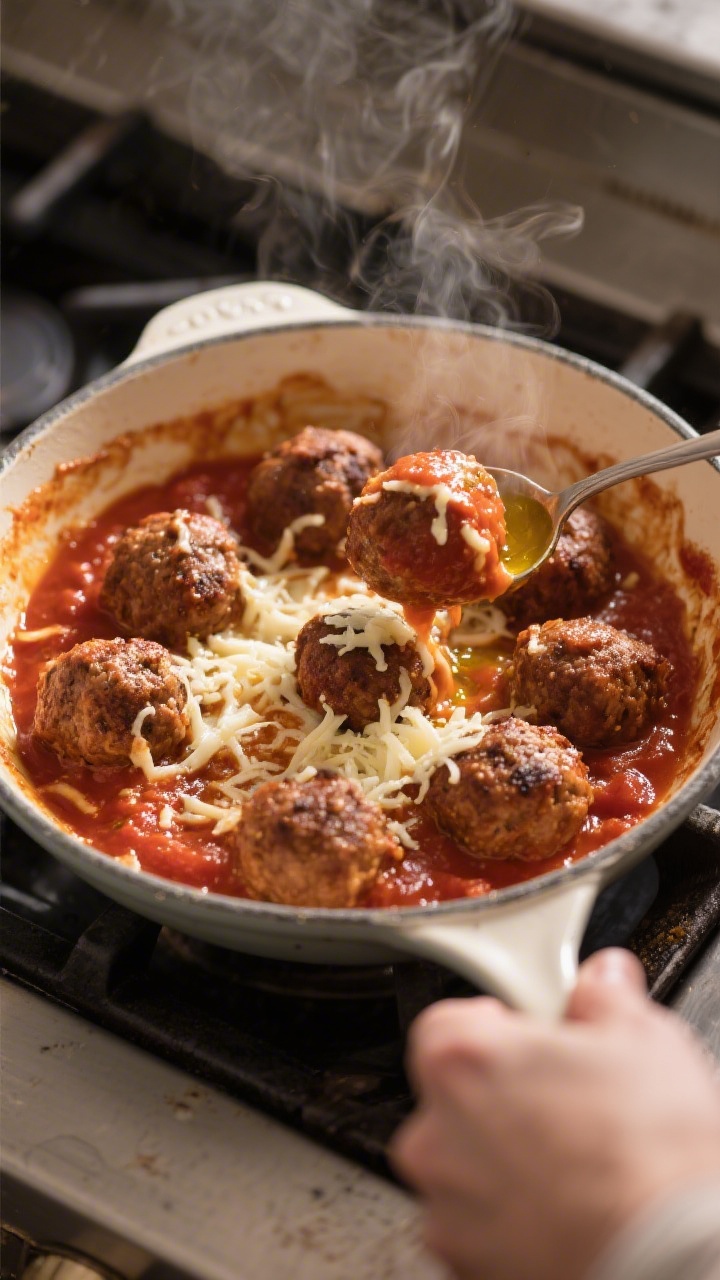 Cooking process: Overhead shot of browned meatballs being nestled into a bubbling tomato sauce in an