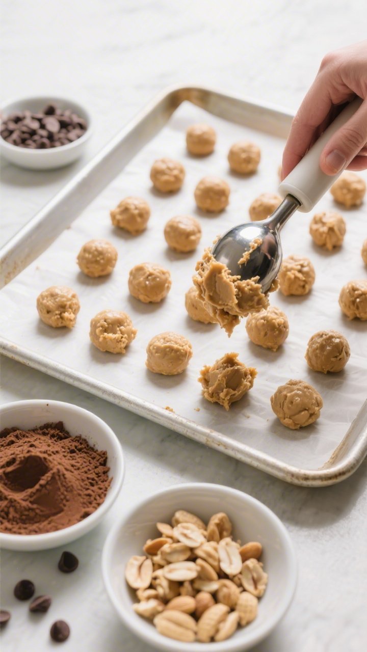 Cooking process: Overhead shot of chilled peanut butter mixture being portioned with a small cookie 