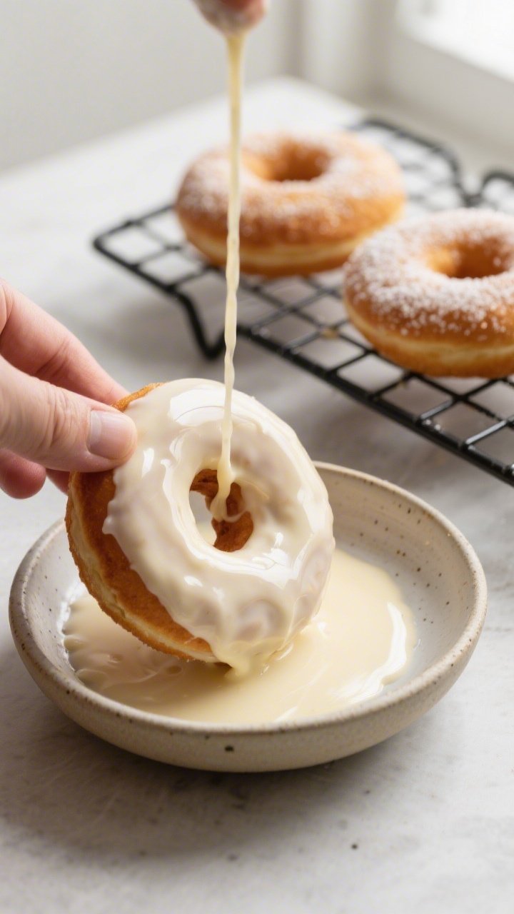 Cooking process: Overhead shot of cooled keto donuts being dipped into a glossy vanilla allulose gla