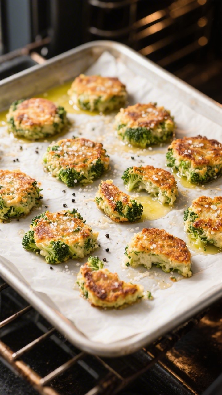 Cooking process: Overhead shot of evenly spaced broccoli-parmesan patties on a parchment-lined sheet
