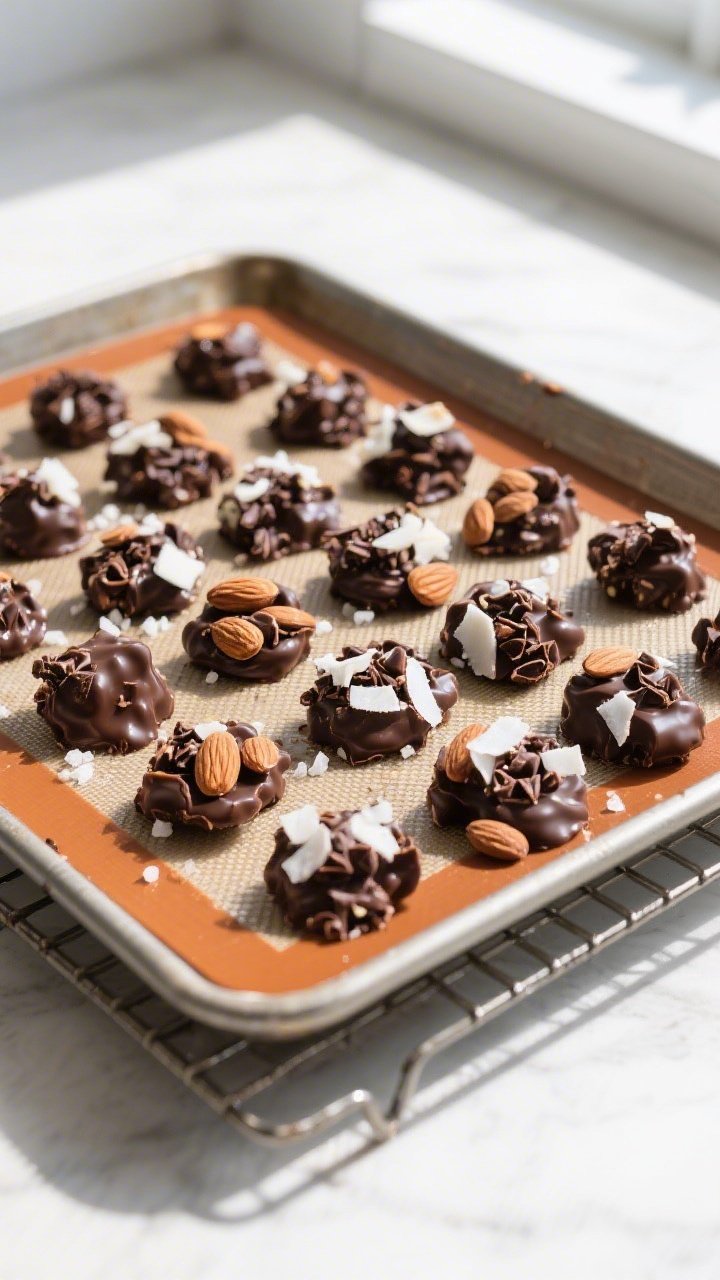 Cooking process: Overhead shot of freshly formed keto dark chocolate almond clusters setting on a si