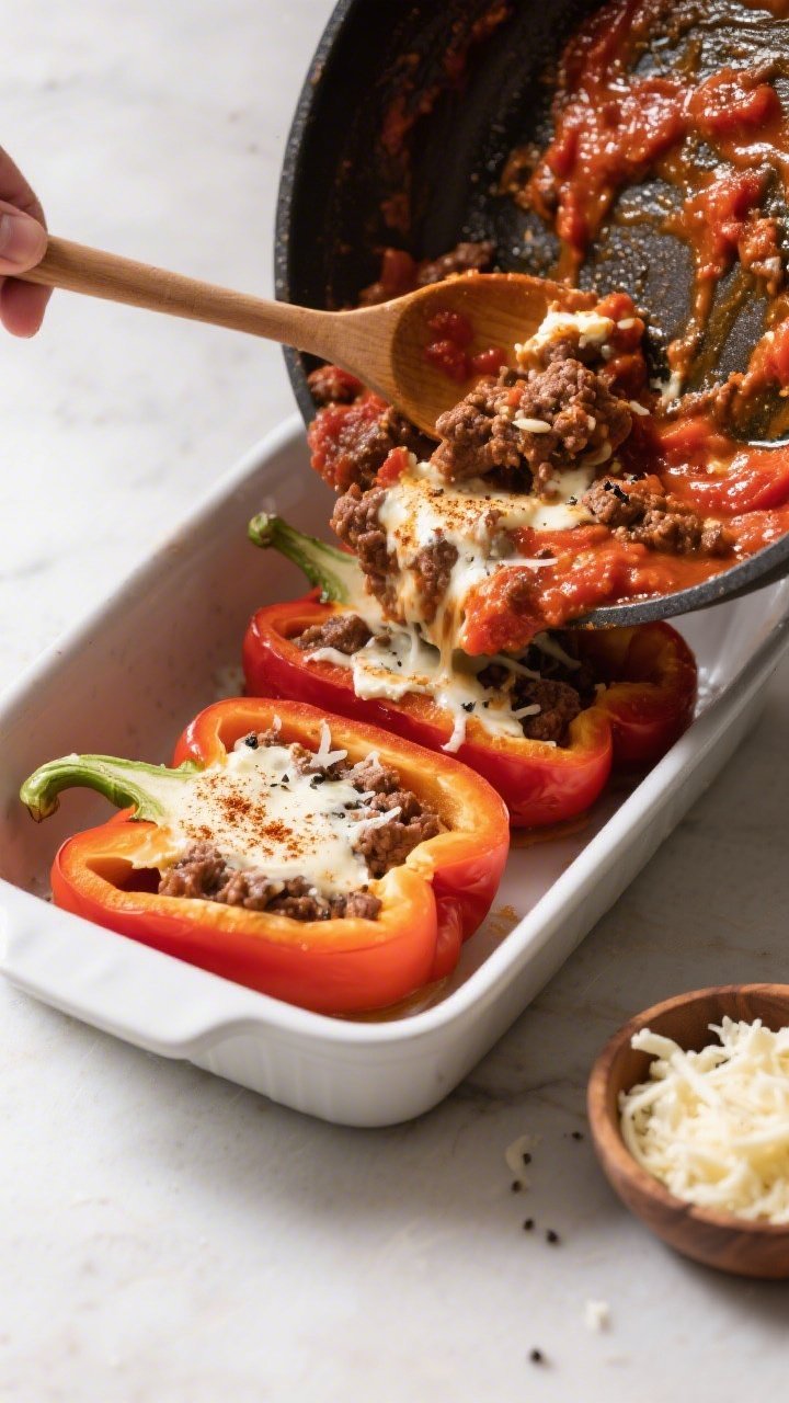 Cooking process: Overhead shot of halved bell peppers in a baking dish being filled with thick, scoo