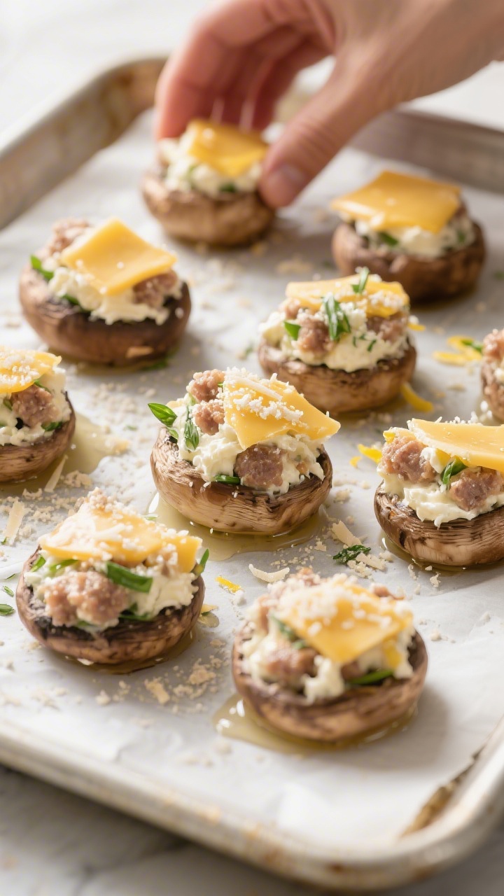 Cooking process: Overhead shot of mushroom caps on a parchment-lined baking sheet being stuffed with
