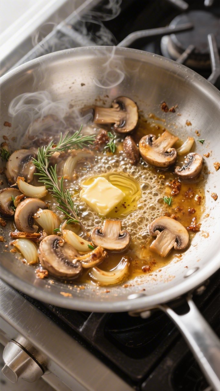 Cooking process: Overhead shot of mushrooms and shallots sautéeing to deep golden in a heavy stainl