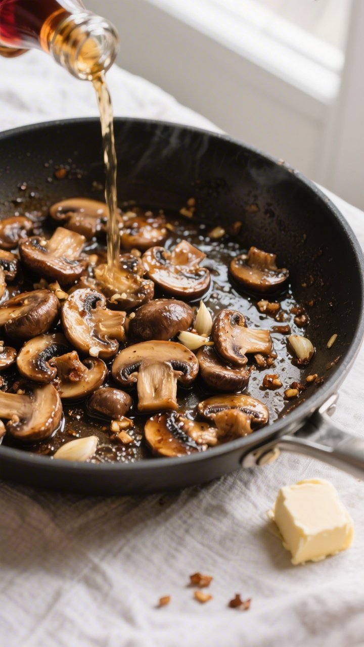 Cooking process: Overhead shot of mushrooms being sautéed to deep brown in a wide skillet, fond vis