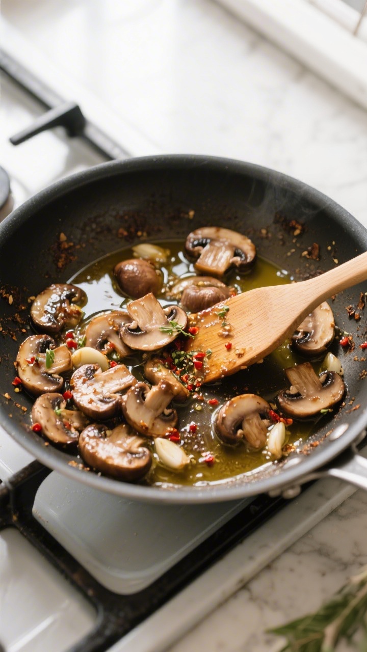 Cooking process: Overhead shot of mushrooms sautéing to deep brown in butter and olive oil, garlic 