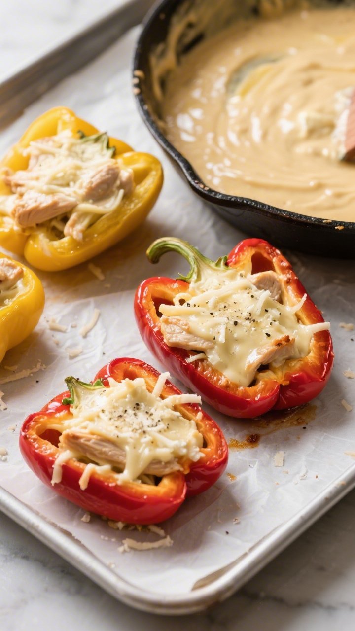 Cooking process: Overhead shot of par-baked bell pepper halves being filled with thick, glossy chick