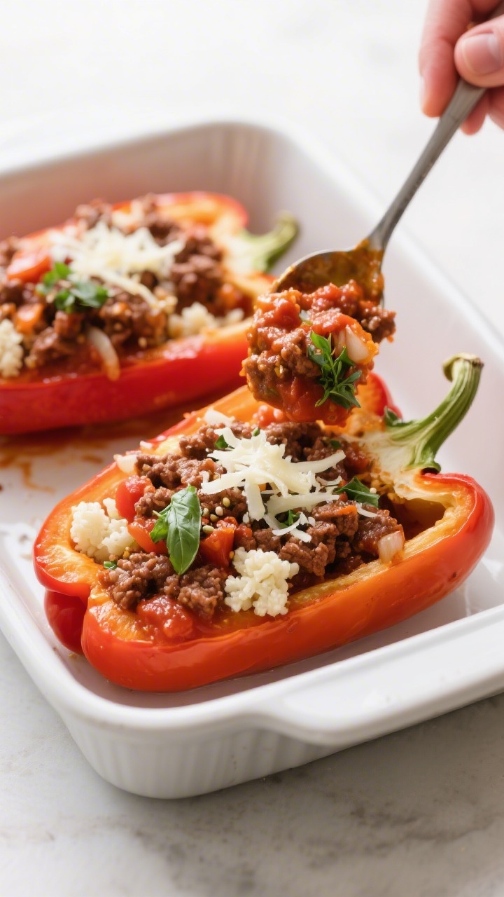Cooking process: Overhead shot of par-baked bell peppers being stuffed in a baking dish—rich, sauc