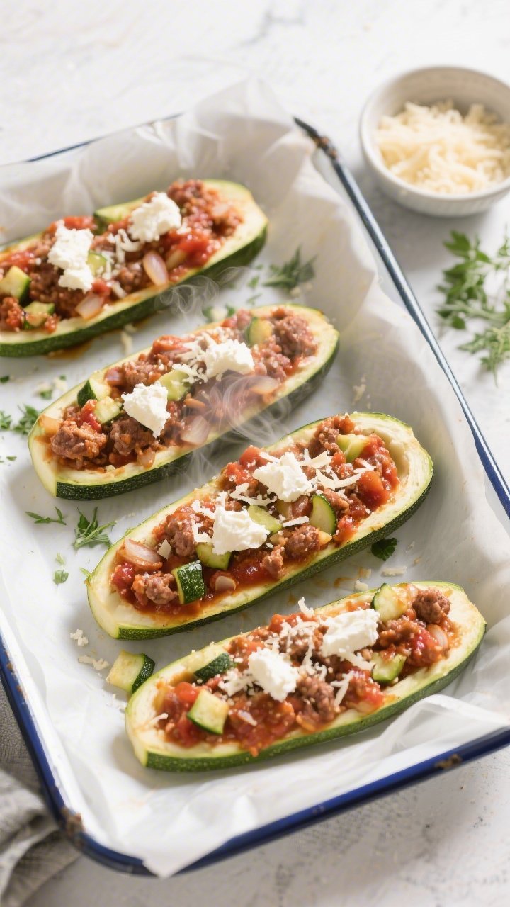 Cooking process: Overhead shot of par-baked zucchini boats being generously filled with the rich, th