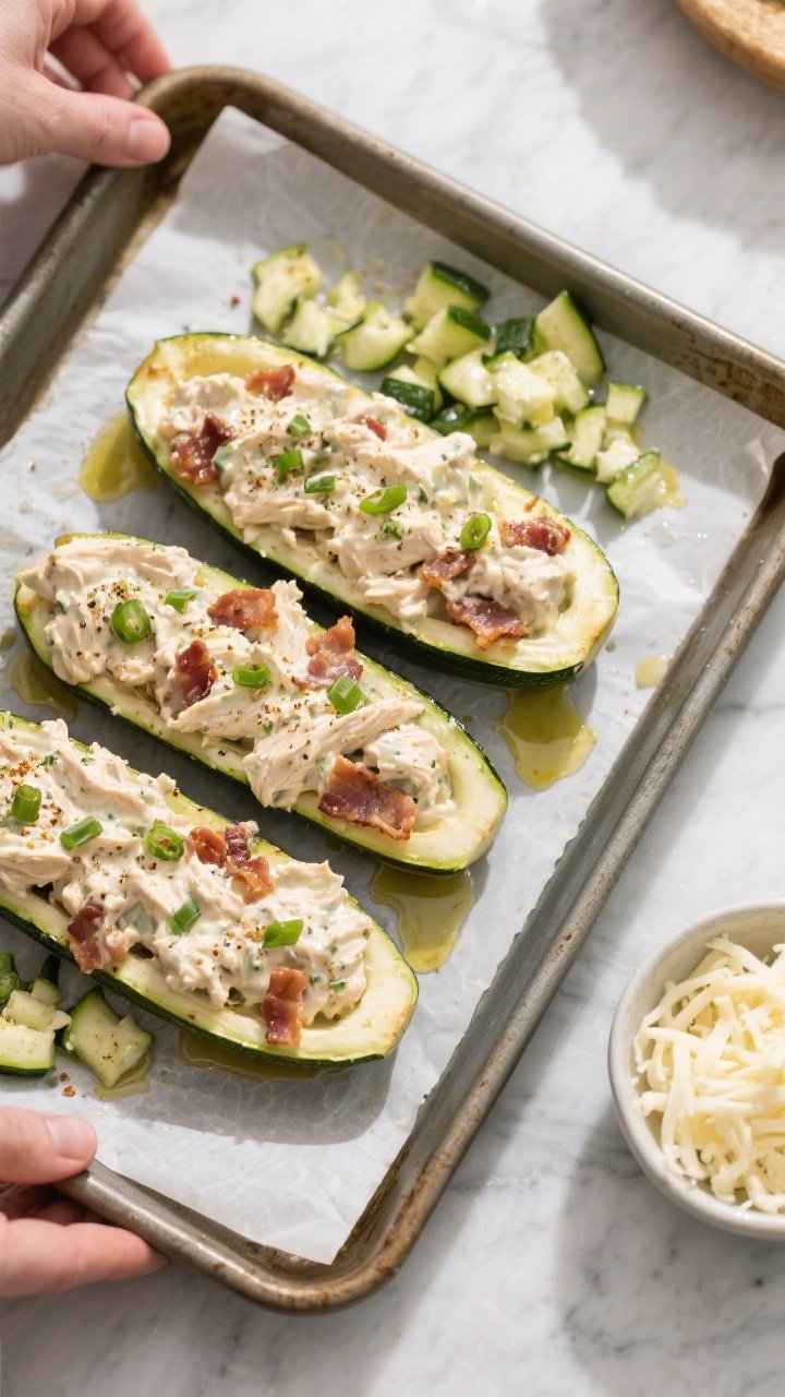 Cooking process: Overhead shot of par-baked zucchini boats being generously filled with the creamy c