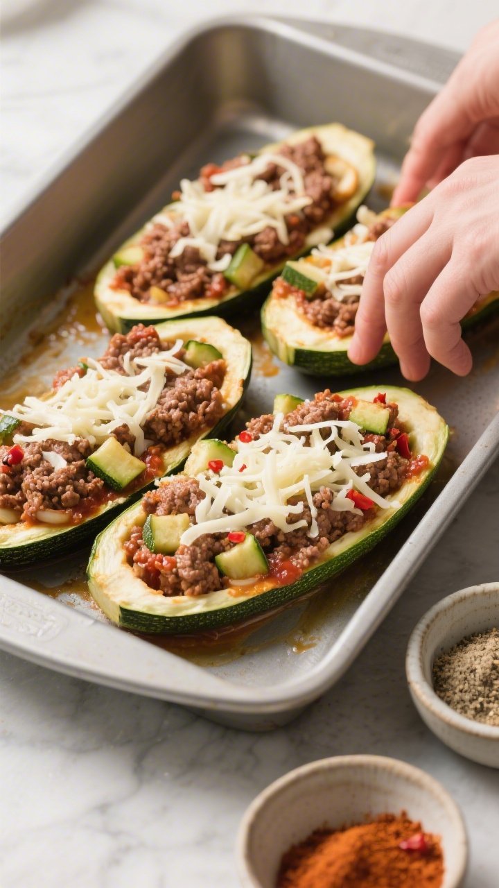 Cooking process: Overhead shot of par-baked zucchini shells in a lightly oiled baking dish being fil