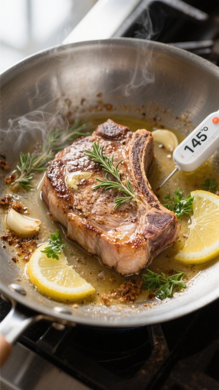 Cooking process: Overhead shot of pork chops just returned to a stainless or cast-iron skillet, bein
