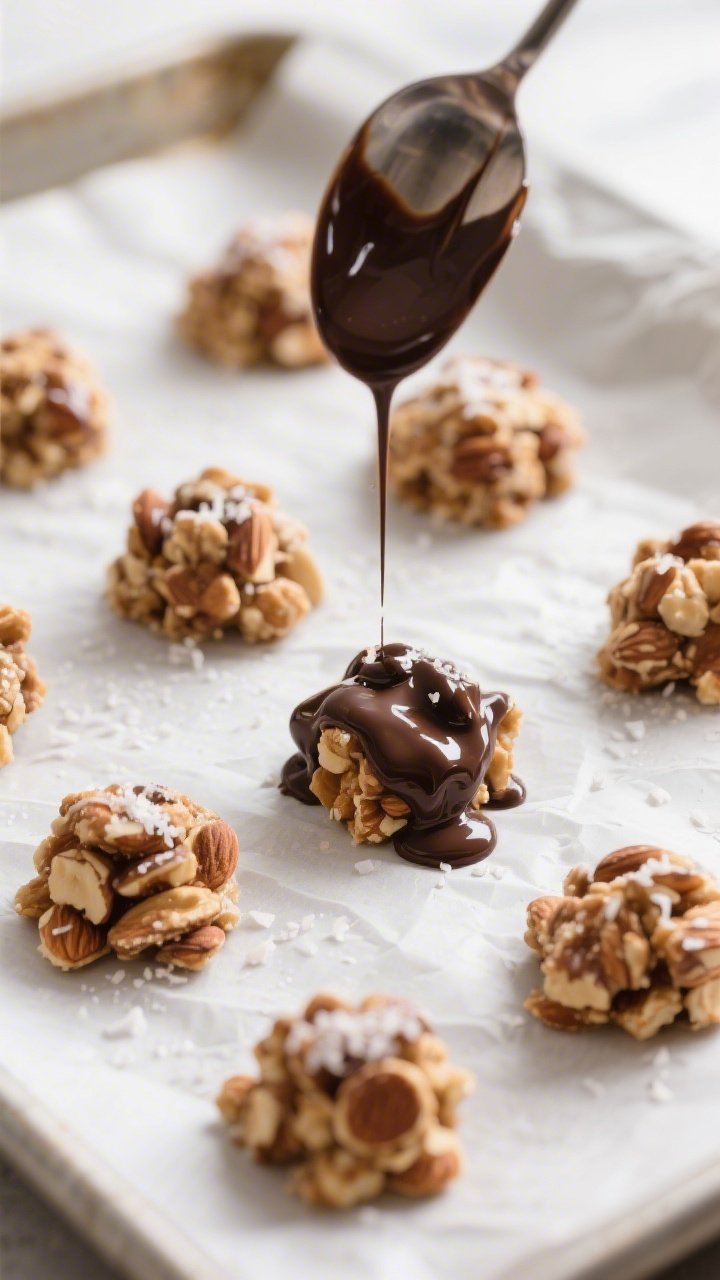 Cooking process: Overhead shot of portioned almond mounds on a parchment-lined baking sheet mid-driz