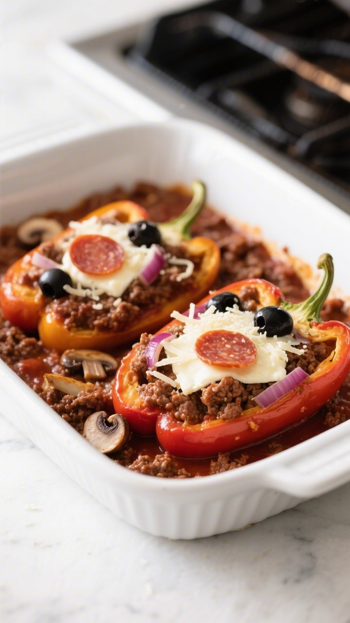 Cooking process: Overhead shot of pre-baked bell peppers being filled with the thick, saucy ground b