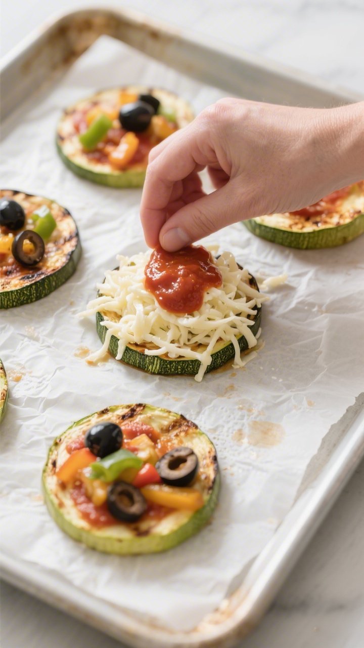 Cooking process: Overhead shot of pre-roasted zucchini rounds on a parchment-lined baking sheet bein