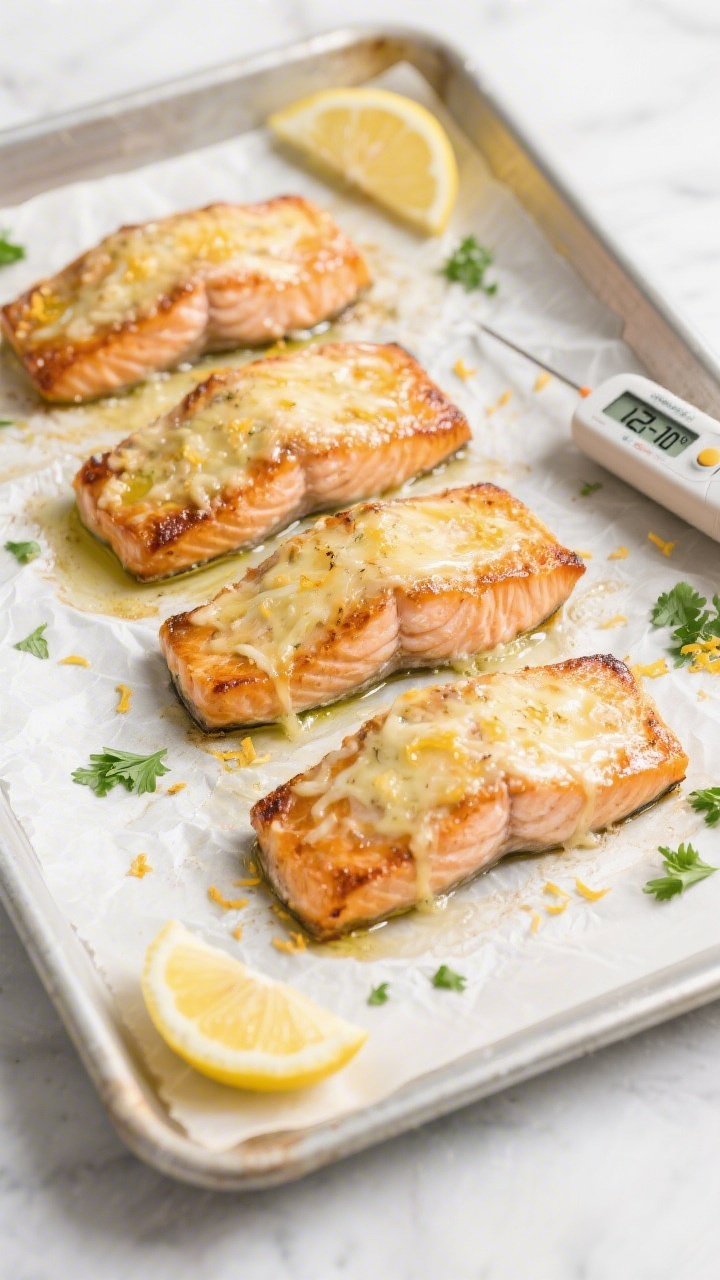 Cooking process: Overhead shot of salmon fillets on a parchment-lined sheet pan right after the quic