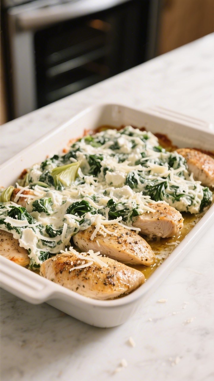 Cooking process: Overhead shot of seasoned chicken breasts arranged in a lightly oiled 9x13 baking d