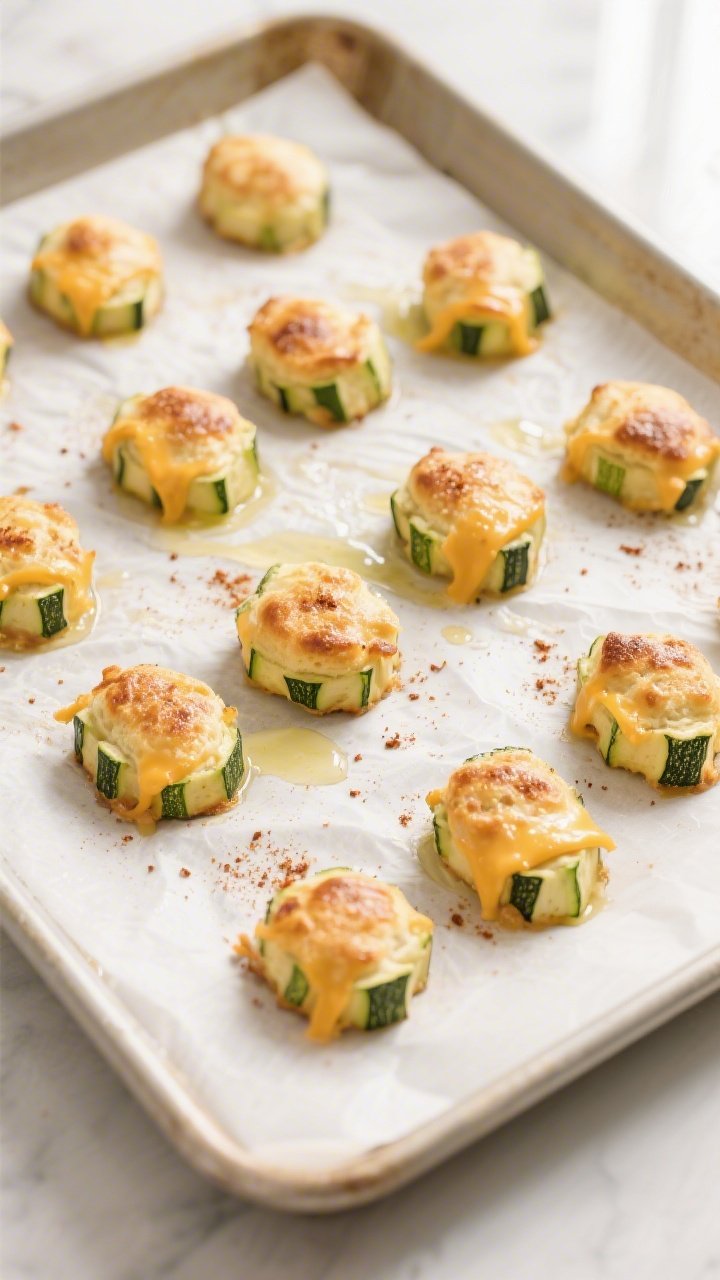 Cooking process: Overhead shot of shaped zucchini cheddar bites arranged 1 inch apart on a parchment