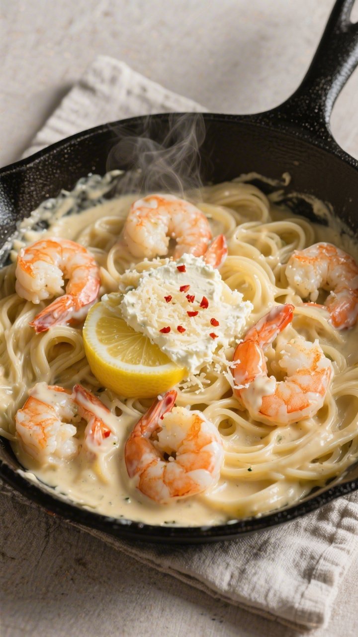 Cooking process: Overhead shot of shrimp Alfredo being finished in the pan—shrimp just returned to