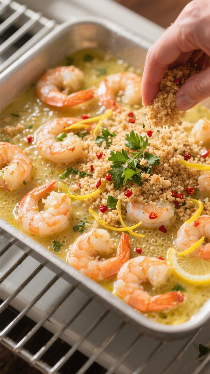 Cooking process: Overhead shot of shrimp nestled in a lemon-garlic-butter sauce mid-bake, the sauce 