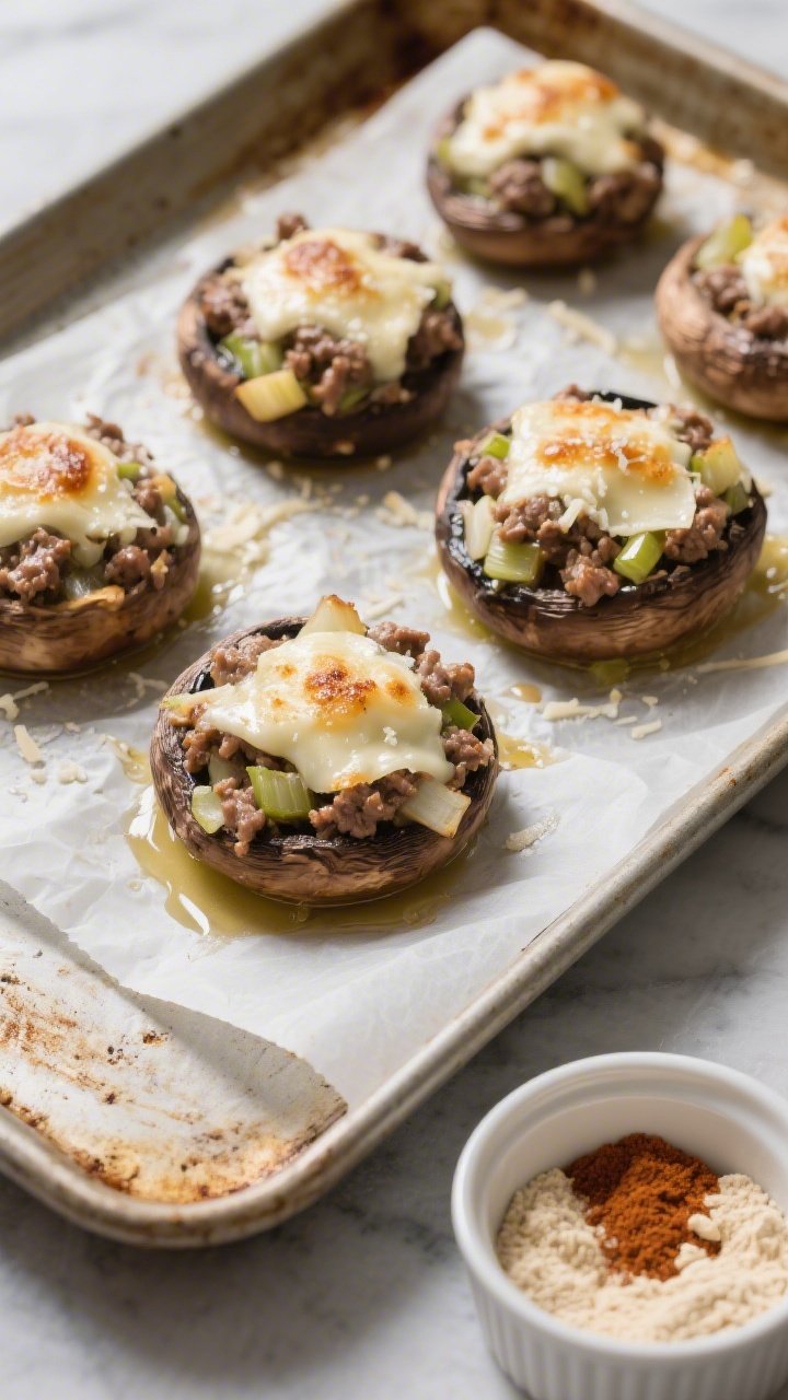 Cooking process: Overhead shot of stuffed mushroom caps mid-bake on a parchment-lined sheet pan at 4
