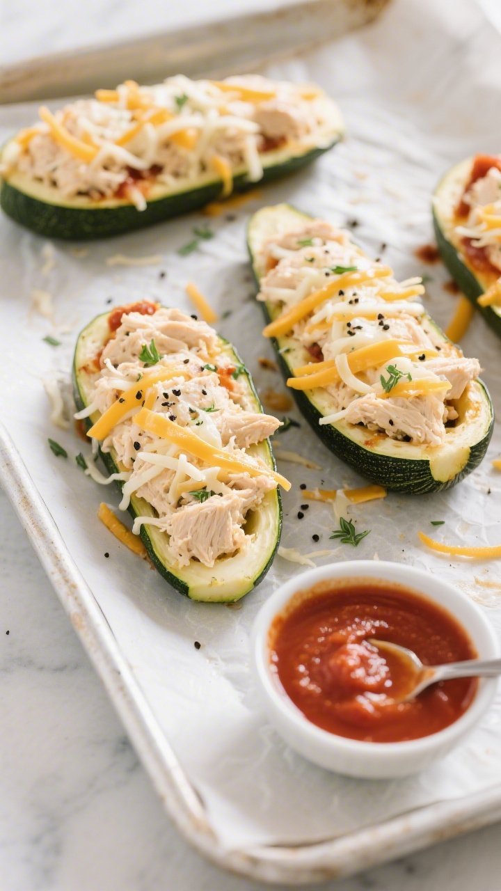 Cooking process: Overhead shot of stuffed zucchini boats on a parchment-lined baking tray right befo