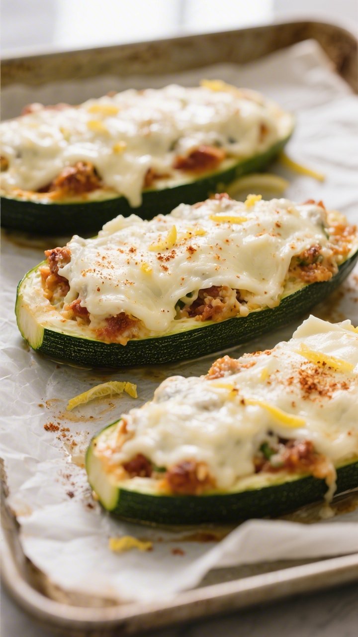 Cooking process: Overhead shot of stuffed zucchini boats on a parchment-lined sheet pan mid-bake, mo
