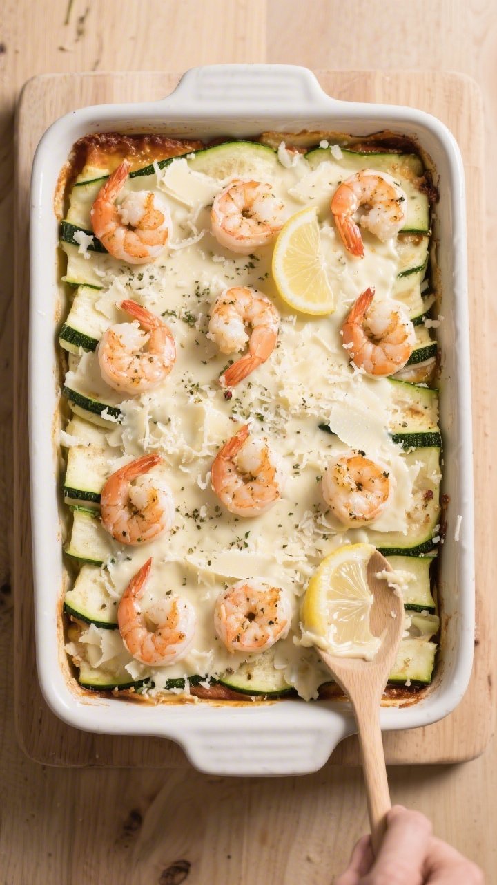 Cooking process: Overhead shot of the assembled bake right before going into the oven—zucchini lay