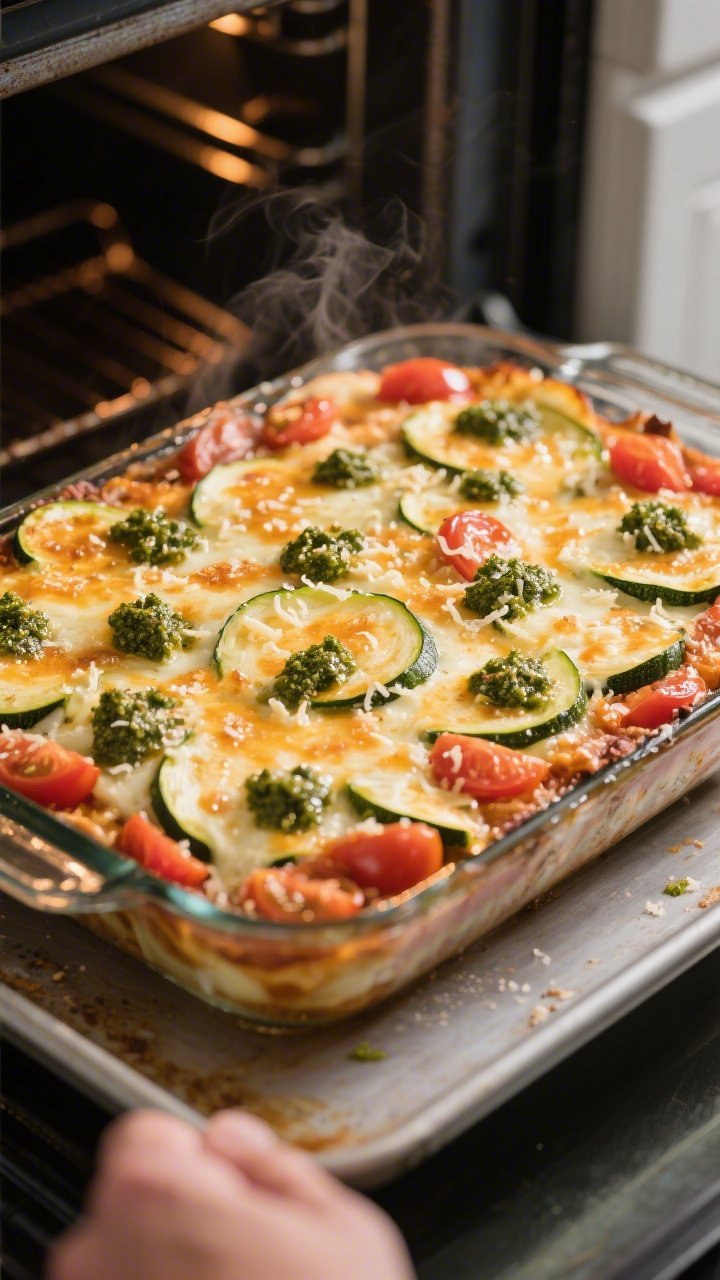 Cooking process: Overhead shot of the assembled bake right before the final minutes under the broile