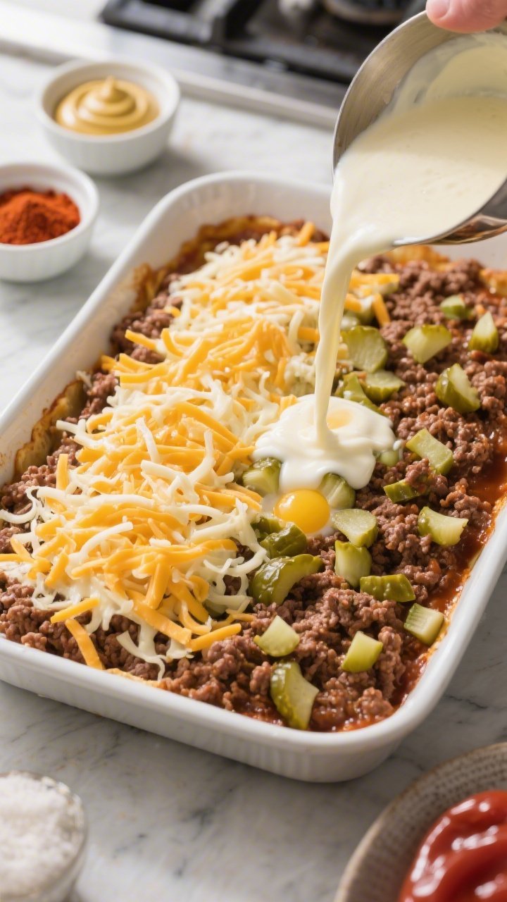 Cooking process: Overhead shot of the assembled casserole right before baking—seasoned, sauced gro