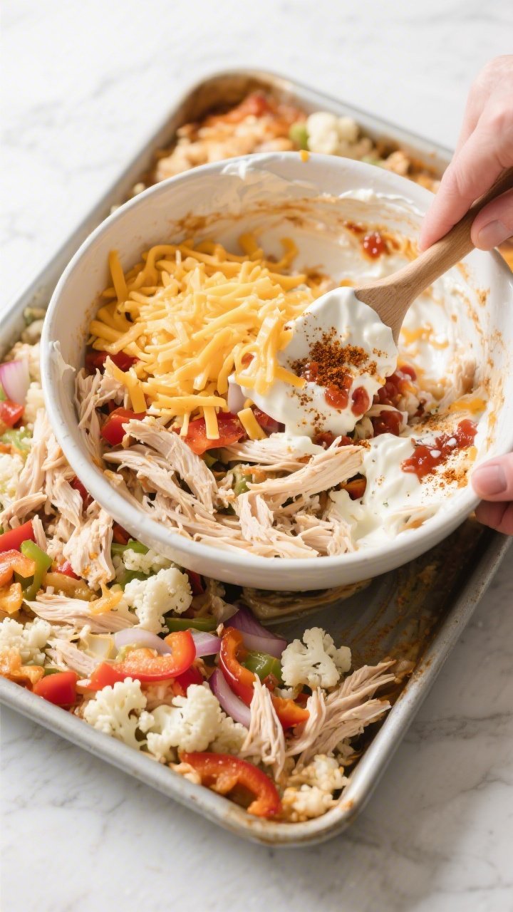 Cooking process: Overhead shot of the casserole mixture being folded together in a large bowl—shre