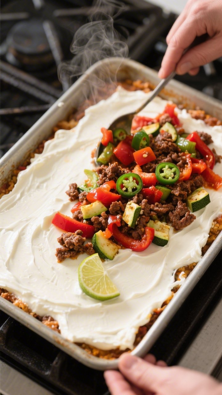 Cooking process: Overhead shot of the creamy base layer being spread evenly in a greased 9x13 baking