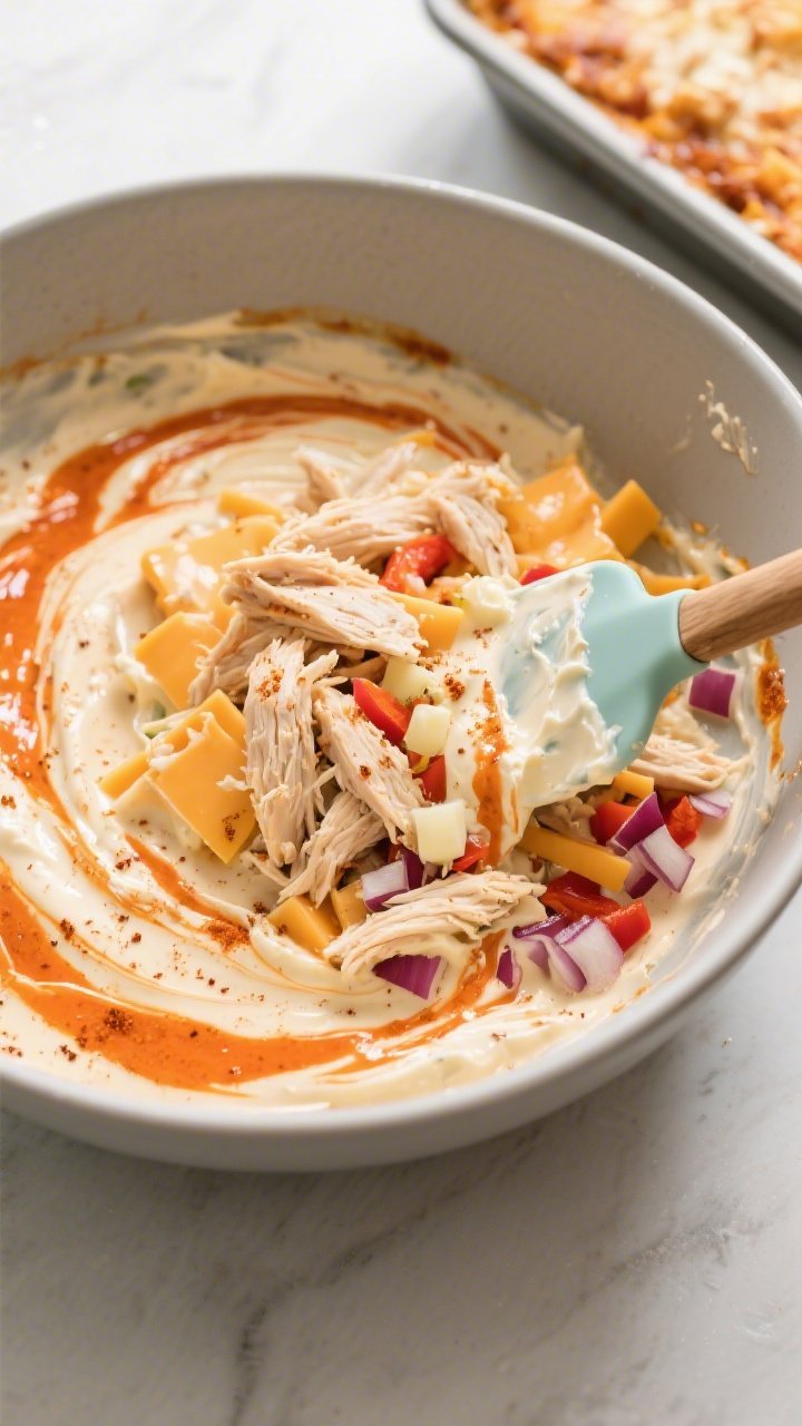 Cooking process: Overhead shot of the creamy buffalo-ranch mixture being folded with shredded rotiss