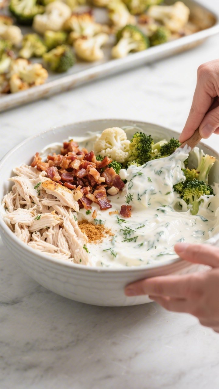 Cooking process: Overhead shot of the creamy ranch base being folded with shredded rotisserie chicke