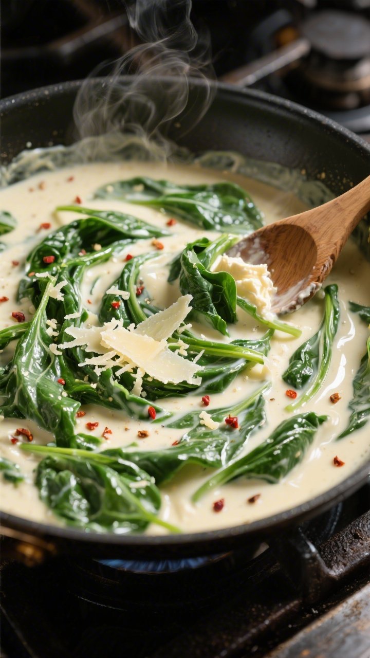 Cooking process: Overhead shot of the creamy spinach base simmering in a skillet right after wilting