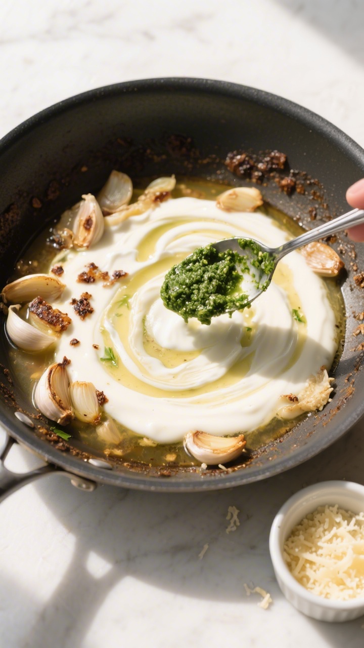 Cooking process: Overhead shot of the deglazing and sauce-building stage in one pan—garlic sautée