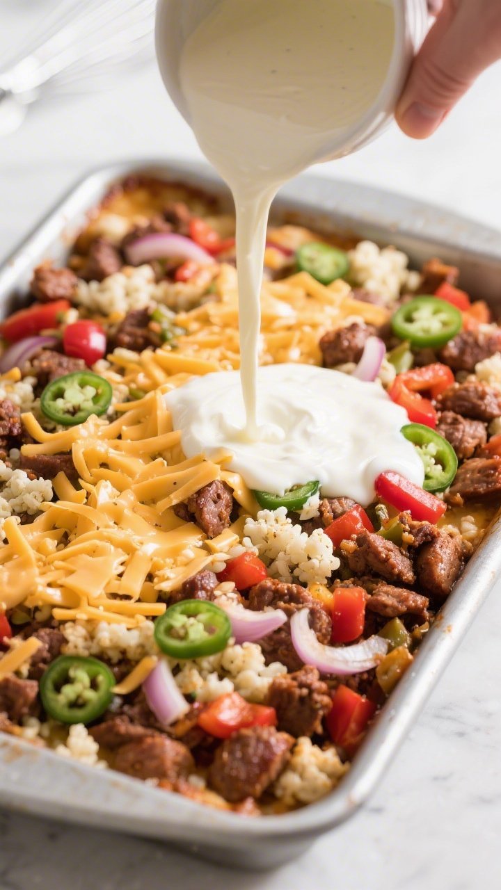 Cooking process: Overhead shot of the meat-veggie mixture spread evenly in a greased 9x13 baking dis