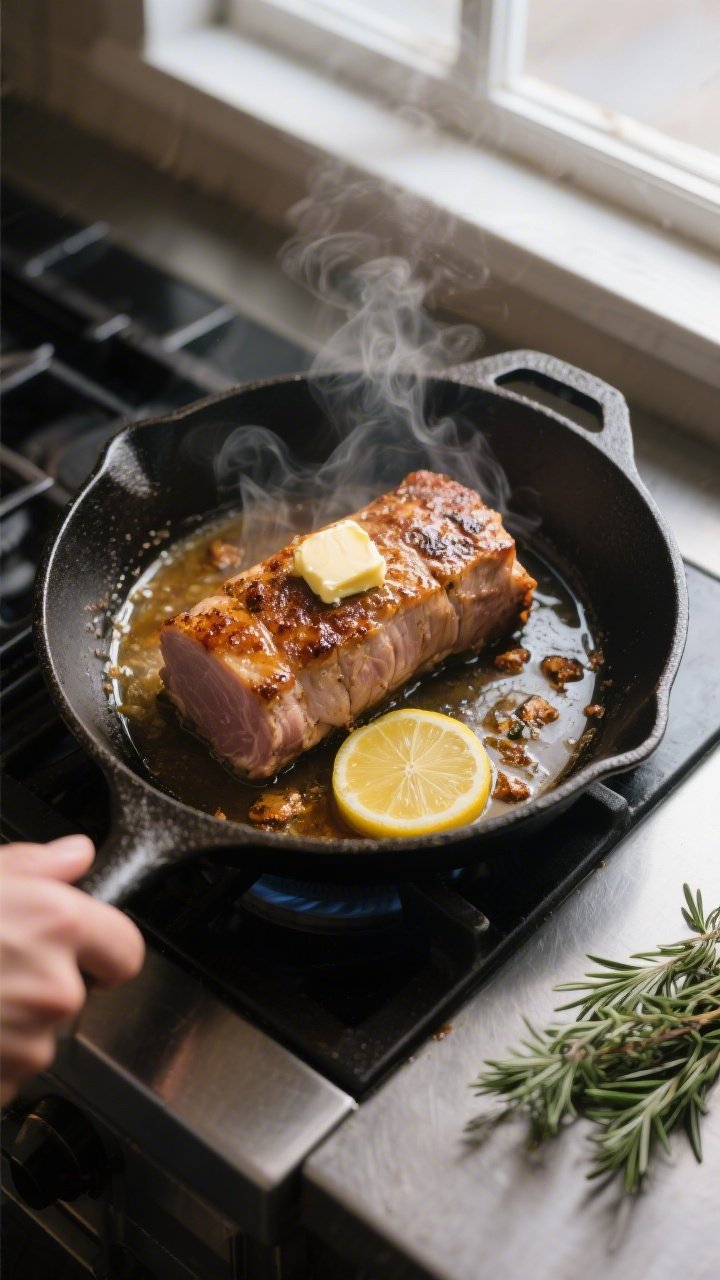 Cooking process: Overhead shot of the pork tenderloin finishing in an oven-safe skillet on the stove
