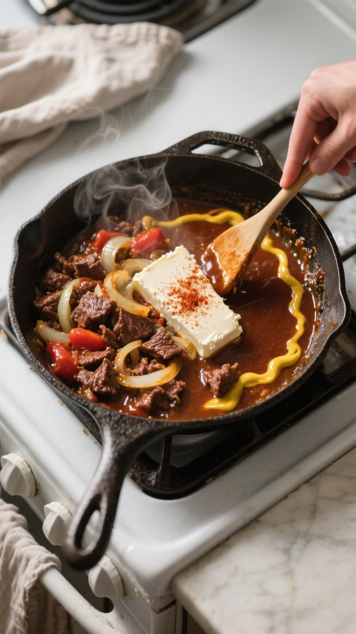 Cooking process: Overhead shot of the sauce-building stage in a cast-iron skillet—browned beef and