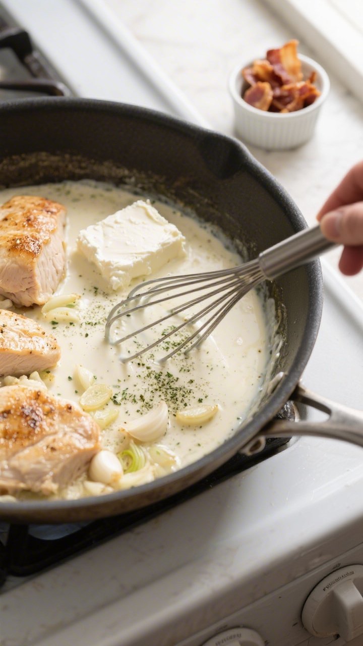 Cooking process: Overhead shot of the sauce-building stage in a large skillet—softened cream chees