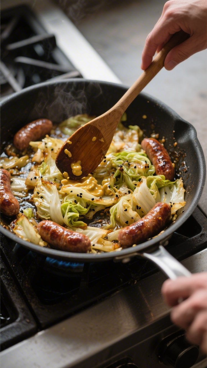 Cooking process: Overhead shot of the sausage and cabbage skillet mid-deglaze, Dijon mustard and app