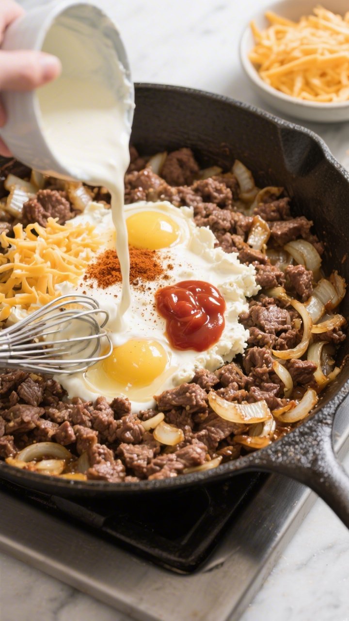 Cooking process: Overhead shot of the seasoned beef and onion mixture in a large oven-safe skillet r