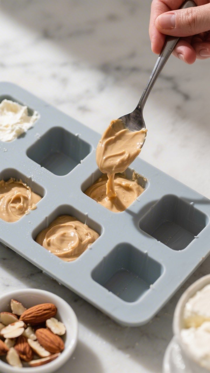 Cooking process: Overhead shot of the silky mixture being portioned into a silicone mini-mold tray; 