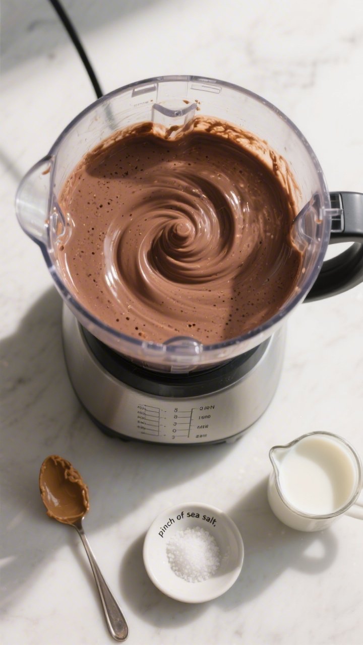 Cooking process: Overhead shot of the smoothie mid-blend in a high-speed blender, showing a glossy, 