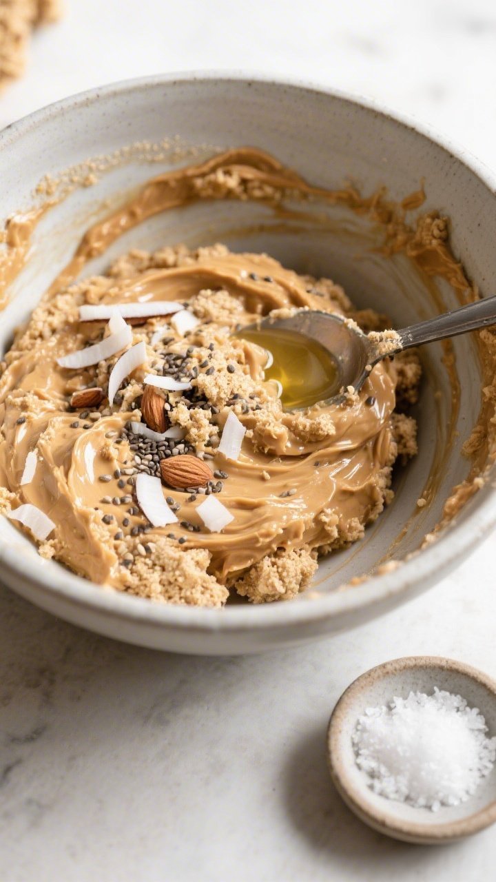 Cooking process: Overhead shot of the thick, slightly crumbly mixture just after adding melted cocon
