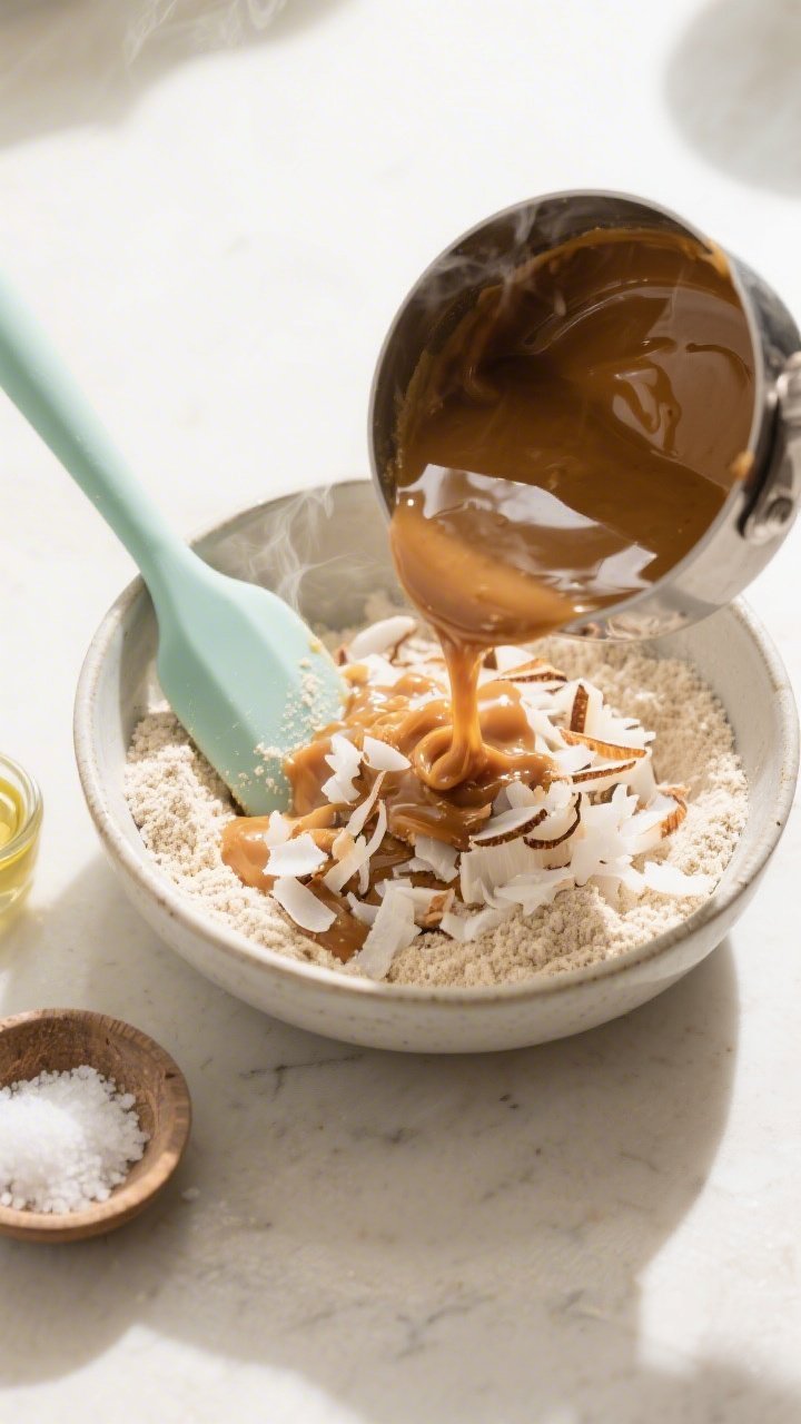 Cooking process: Overhead shot of the warm keto caramel being poured from a small saucepan into a mi