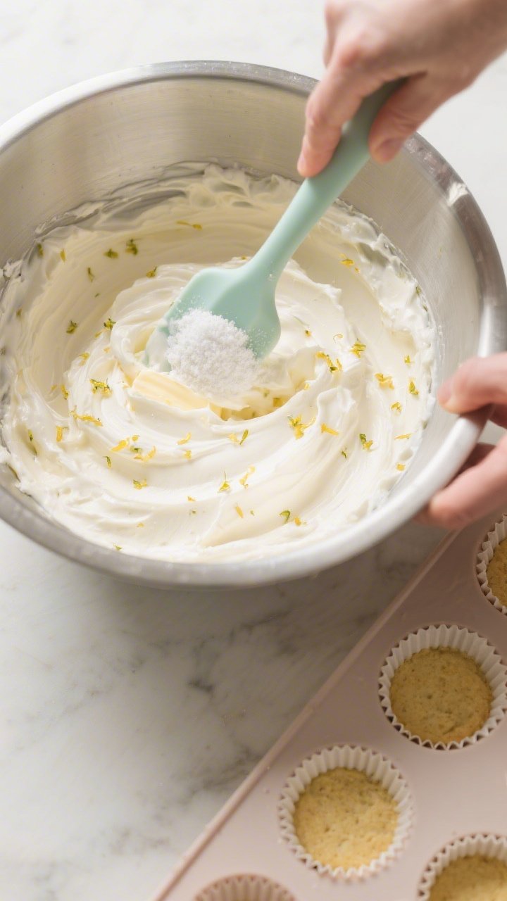 Cooking process: Overhead shot of the whipped cream cheese–butter mixture in a stainless mixing bo
