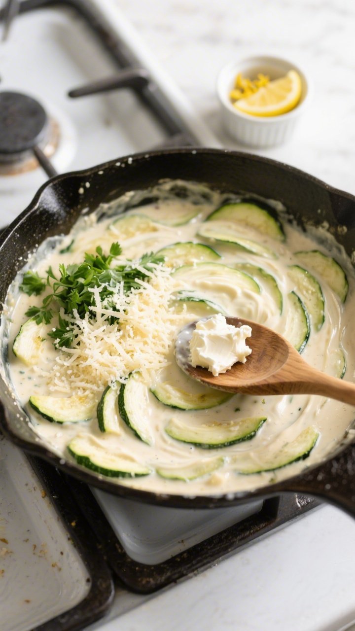 Cooking process: Overhead shot of the zucchini skillet right after cream, Parmesan, and a spoonful o