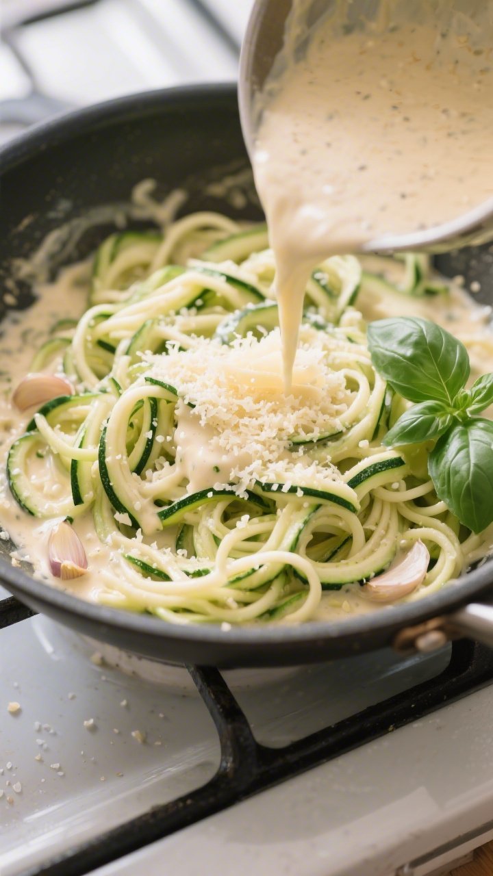 Cooking process: Overhead shot of zucchini noodles being tossed in a large skillet as the Alfredo sa